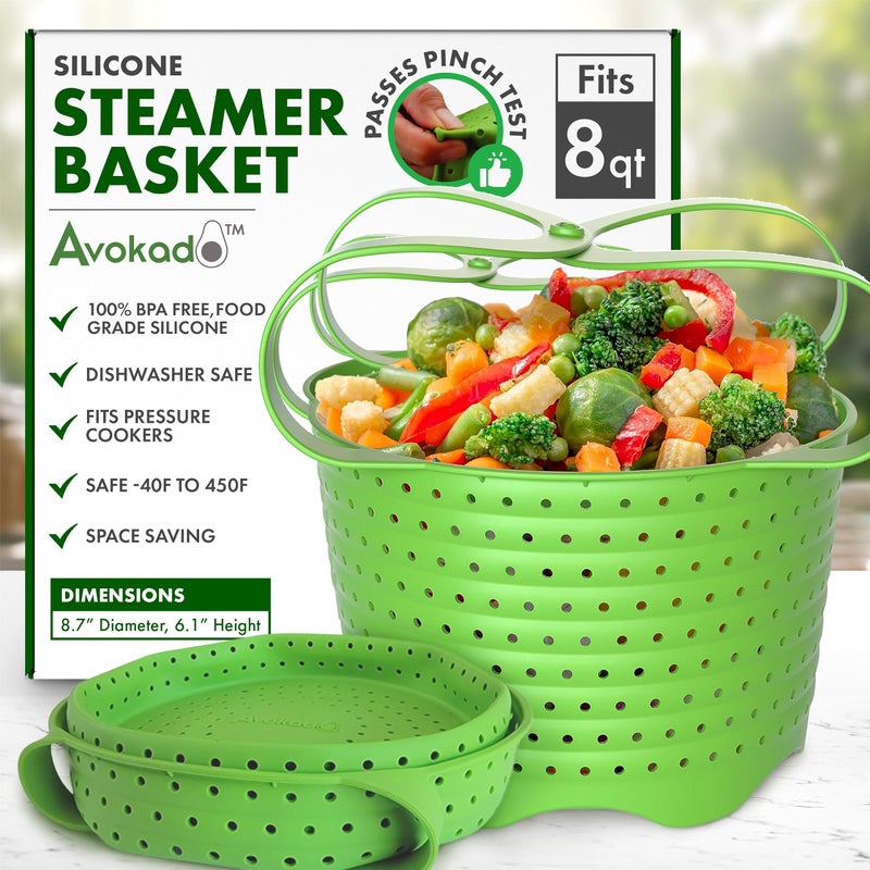 Avokado Silicone Steamer Basket for 8qt Instant Pot [3qt, 6qt avail], Ninja Foodi, Other Pressure Cookers - 100% Food Safe, BPA-Free, Dishwasher Safe Collapsible Vegetable Steamer Basket & Strainer - Image 1